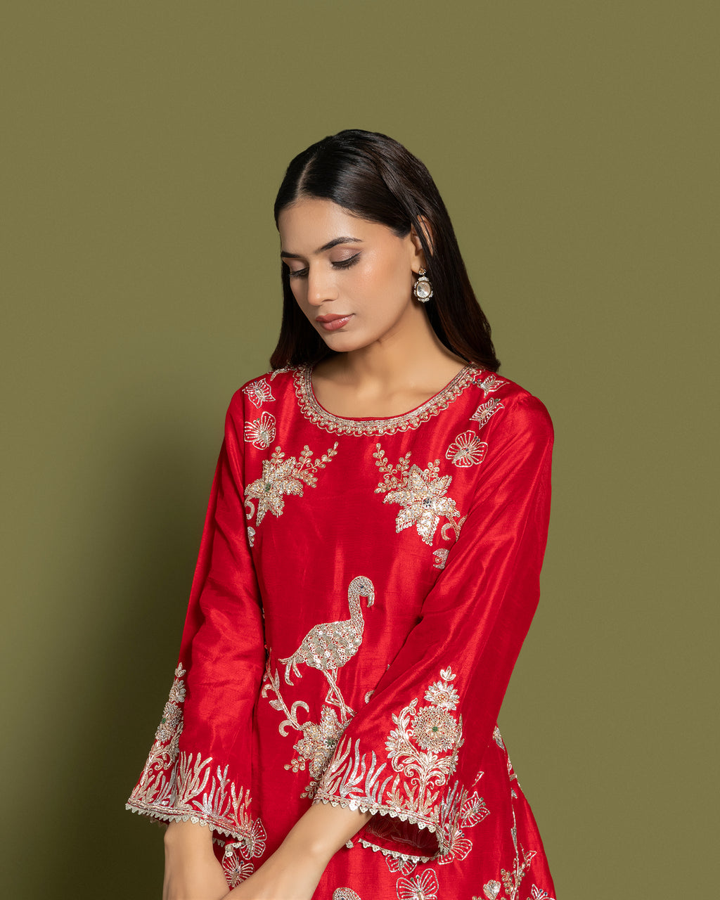 SCARLET RED EMBROIDERED SHORT KURTI SET
