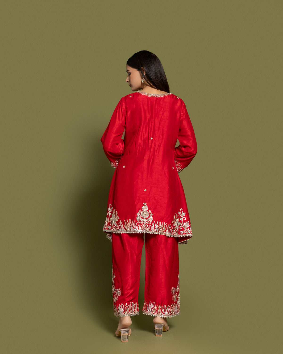 SCARLET RED EMBROIDERED SHORT KURTI SET