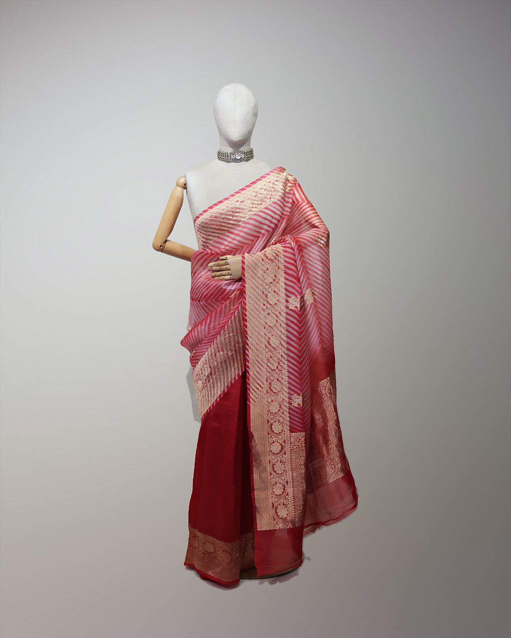 CRIMSON RED LEHERIYA ORGANZA SAREE