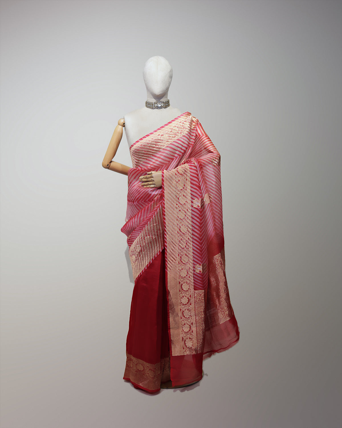CRIMSON RED LEHERIYA ORGANZA SAREE