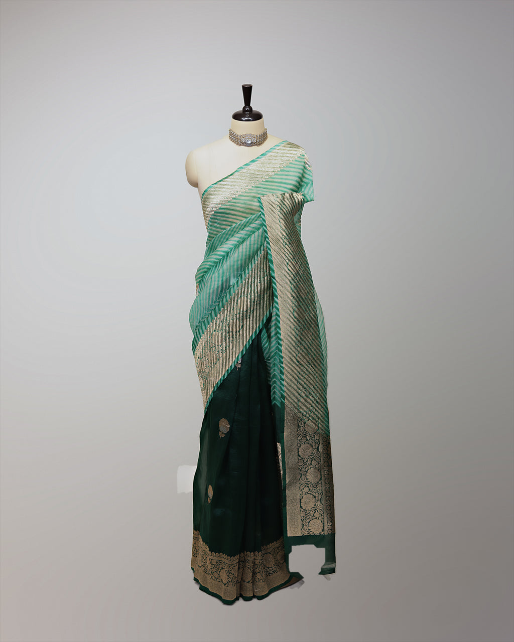 FOREST GREEN LEHERIYA ORGANZA SAREE