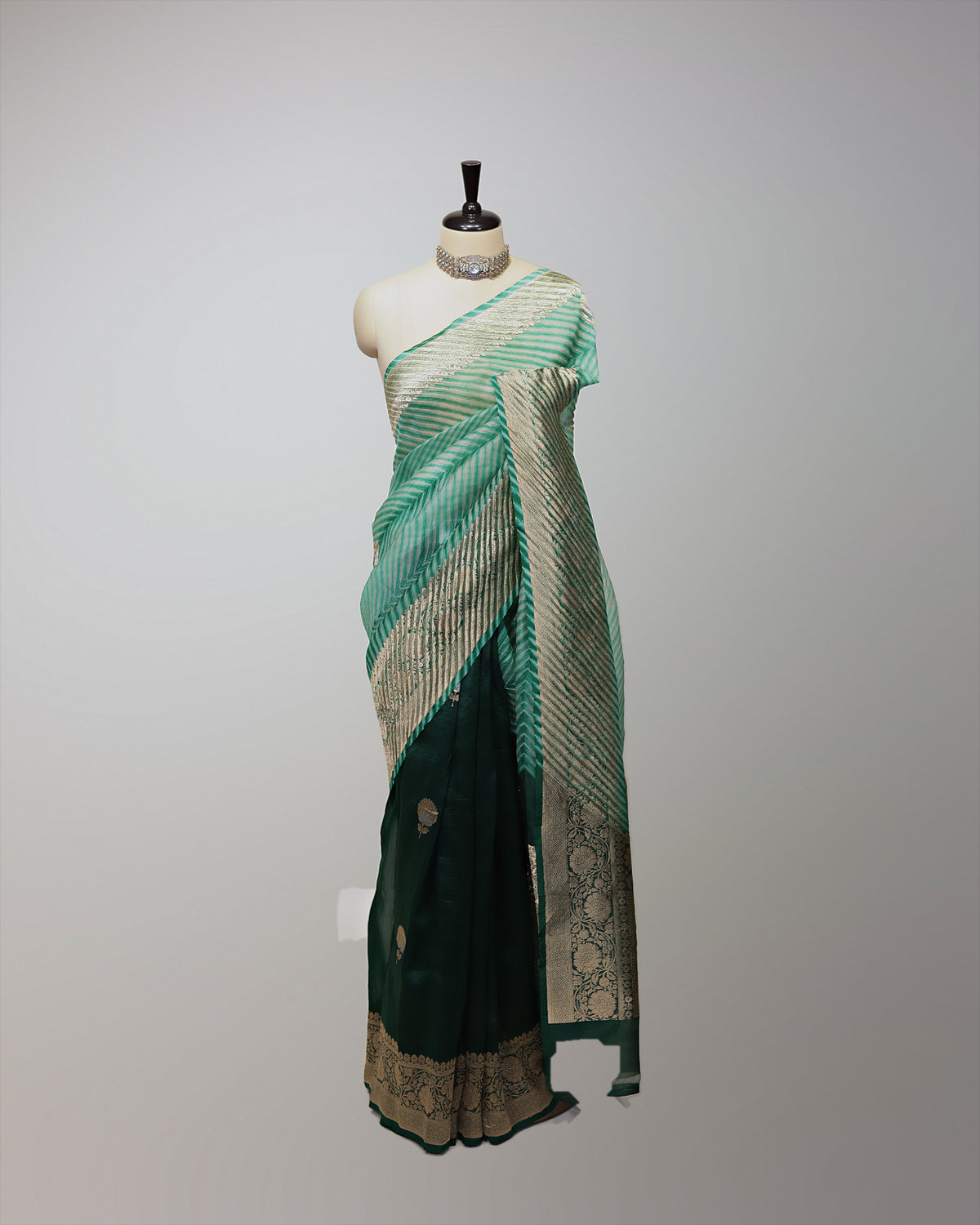 FOREST GREEN LEHERIYA ORGANZA SAREE