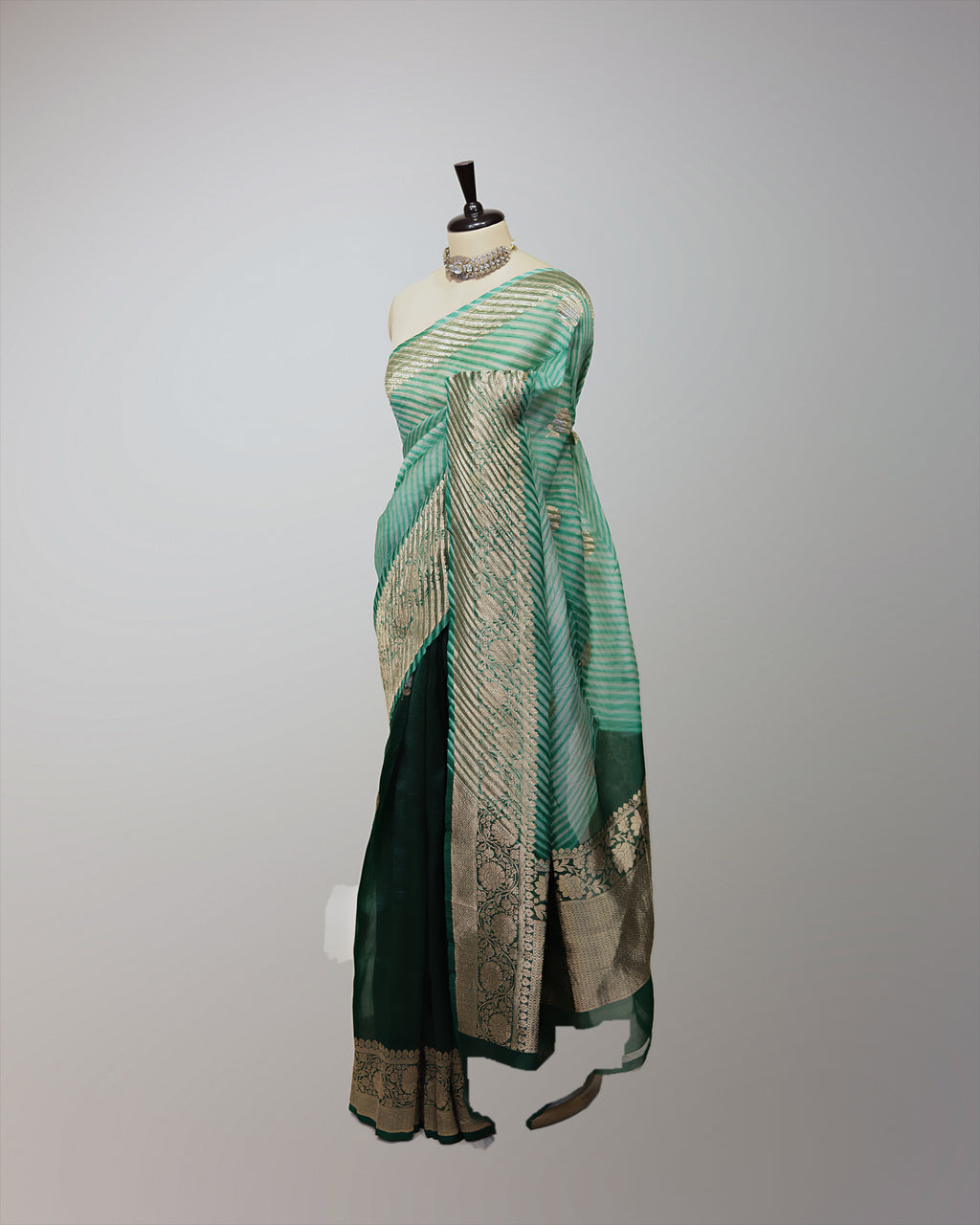 FOREST GREEN LEHERIYA ORGANZA SAREE