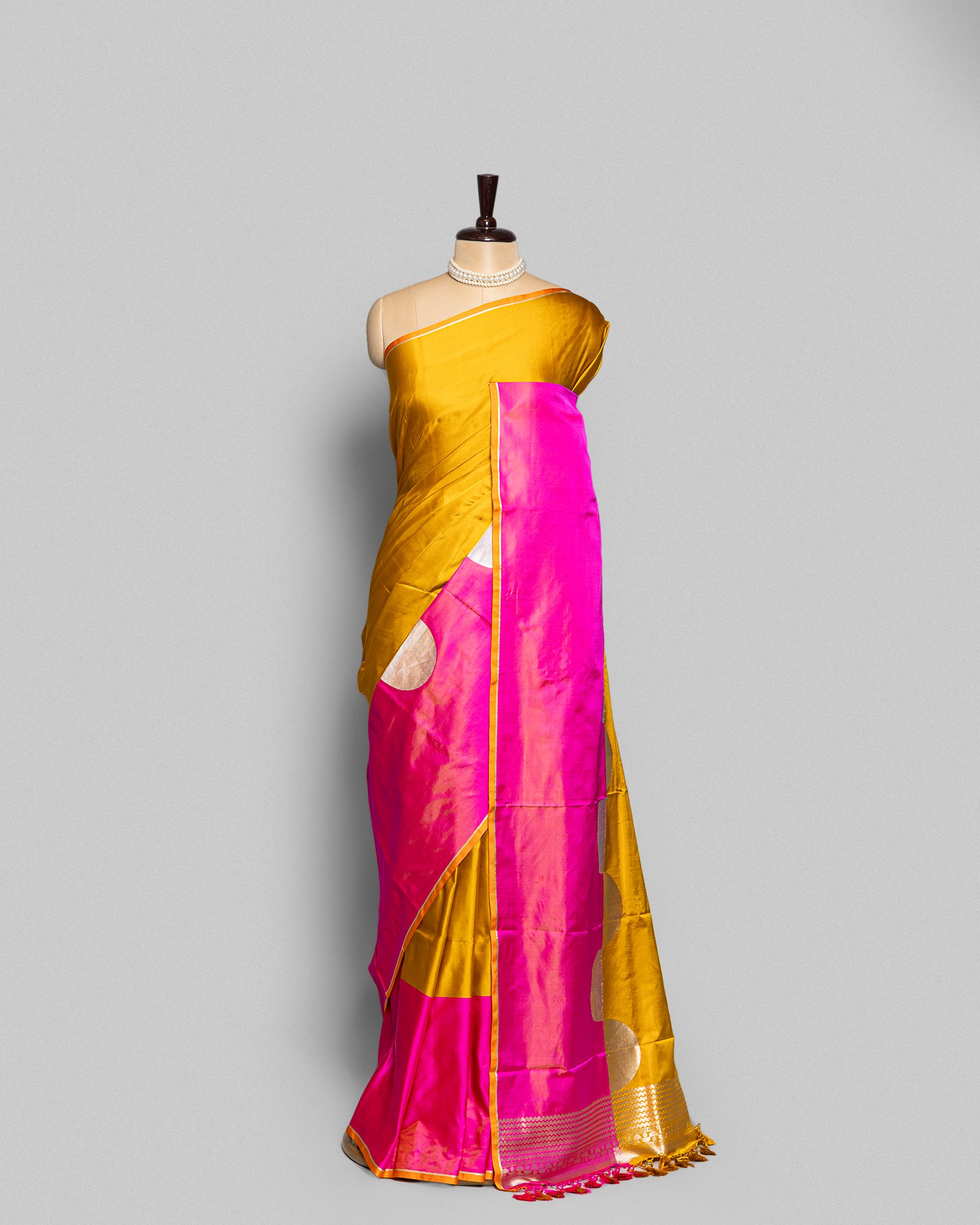 MUSTARD & PINK MASHRU SILK SAREE WITH CONTRAST BORDER