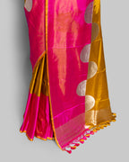 MUSTARD & PINK MASHRU SILK SAREE WITH CONTRAST BORDER