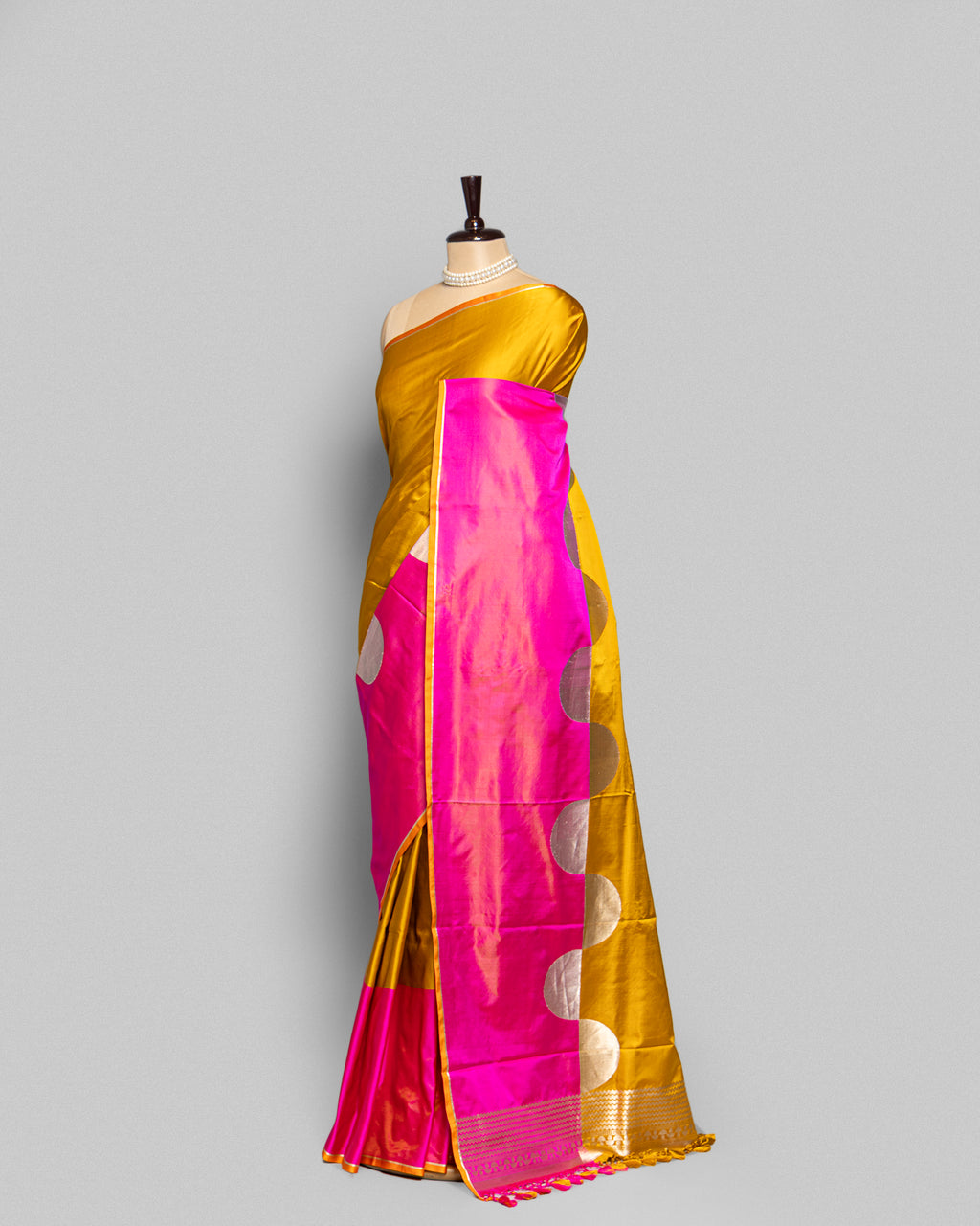 MUSTARD & PINK MASHRU SILK SAREE WITH CONTRAST BORDER