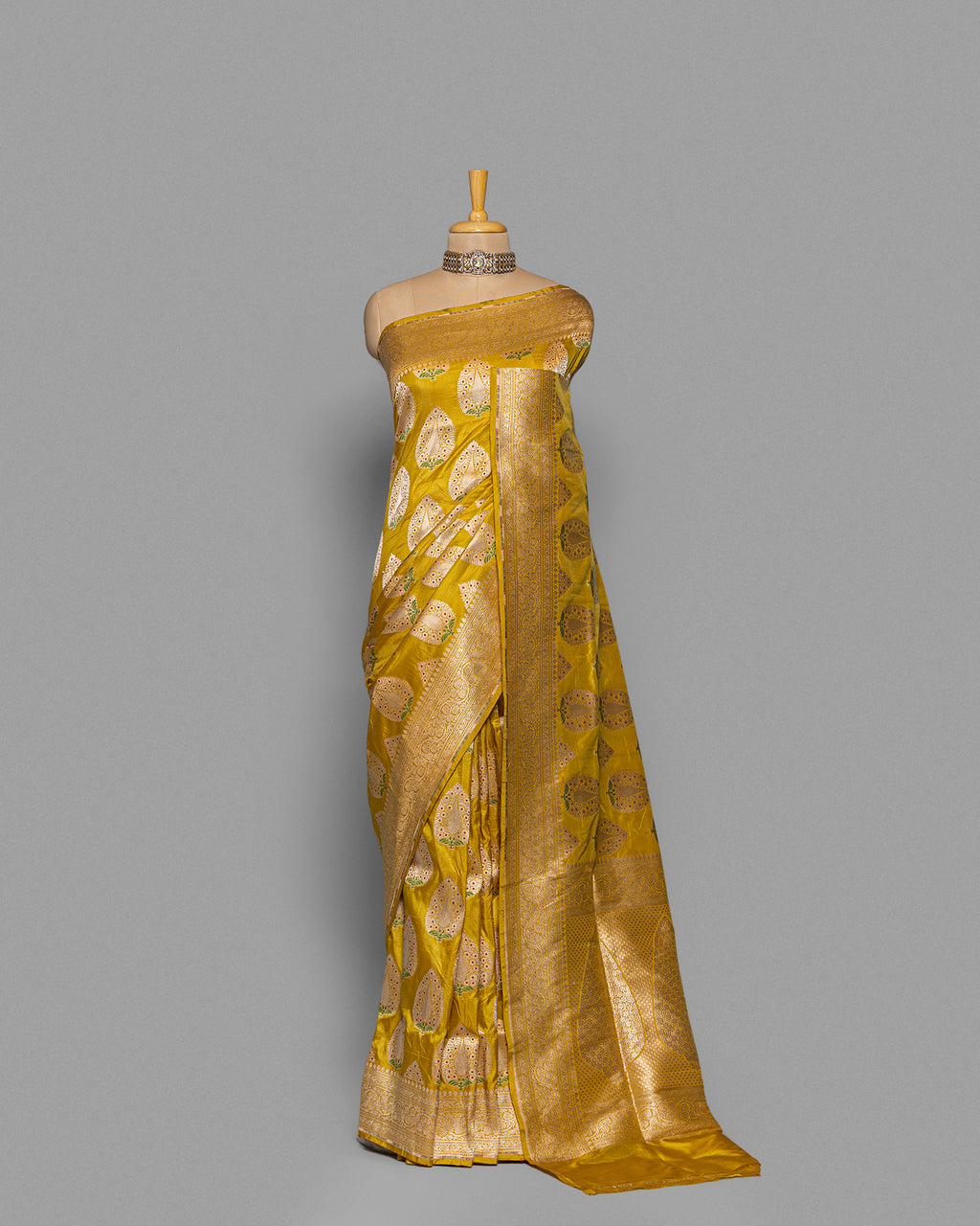 MUSTARD BANARASI SILK SAREE WITH TINCHOI MEENAKARI WORK