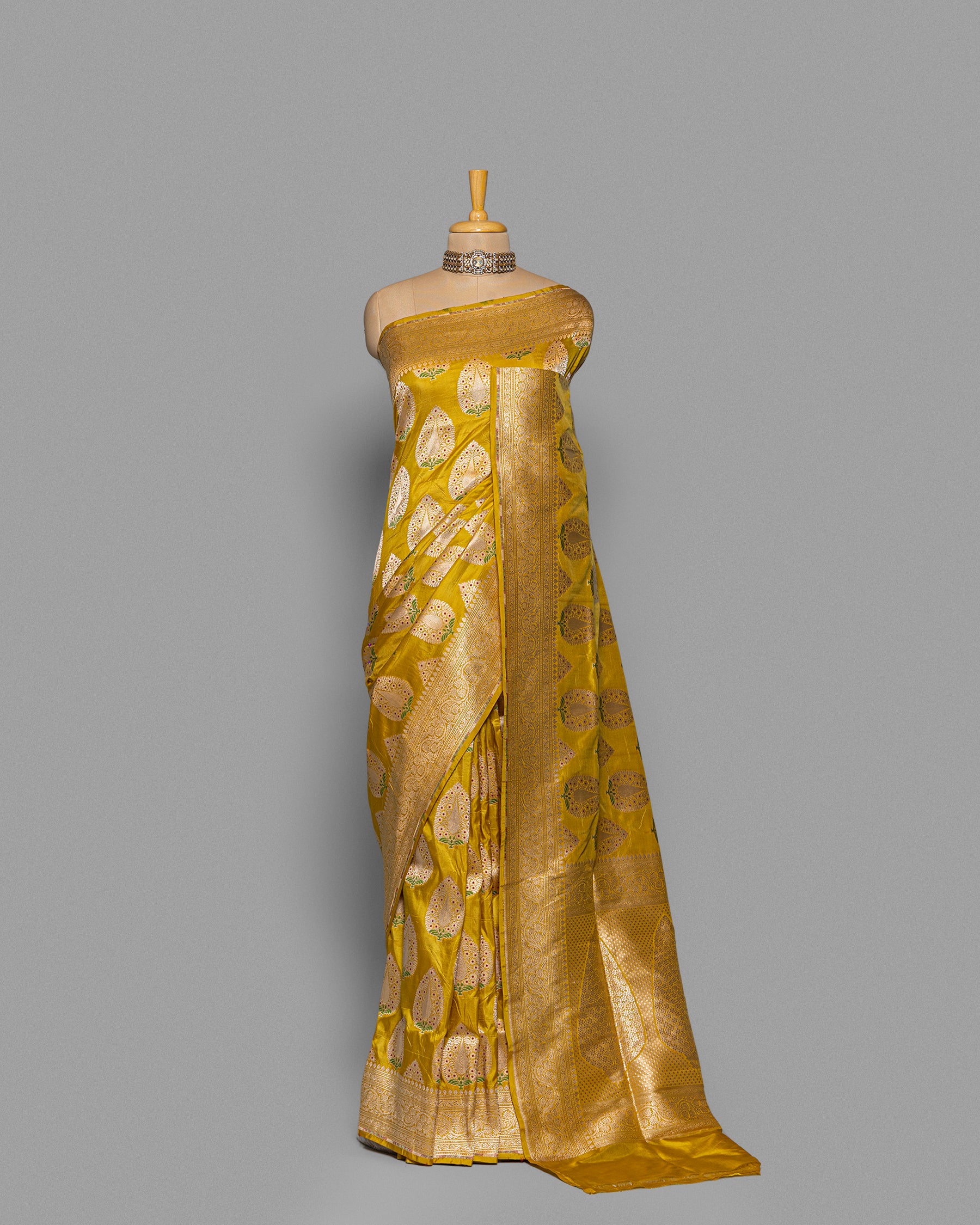 MUSTARD BANARASI SILK SAREE WITH TINCHOI MEENAKARI WORK