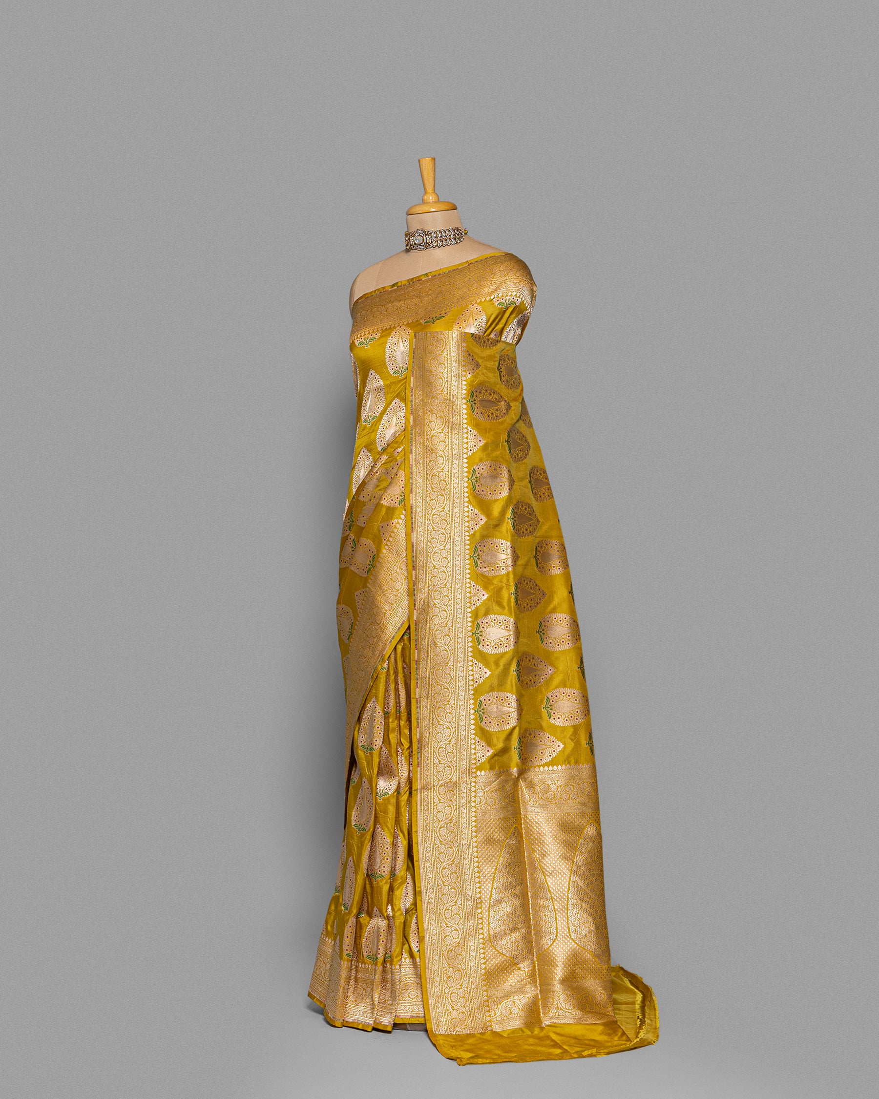 MUSTARD BANARASI SILK SAREE WITH TINCHOI MEENAKARI WORK