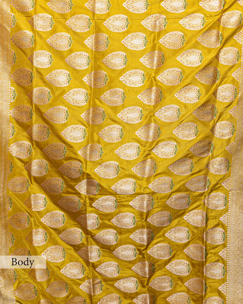 MUSTARD BANARASI SILK SAREE WITH TINCHOI MEENAKARI WORK