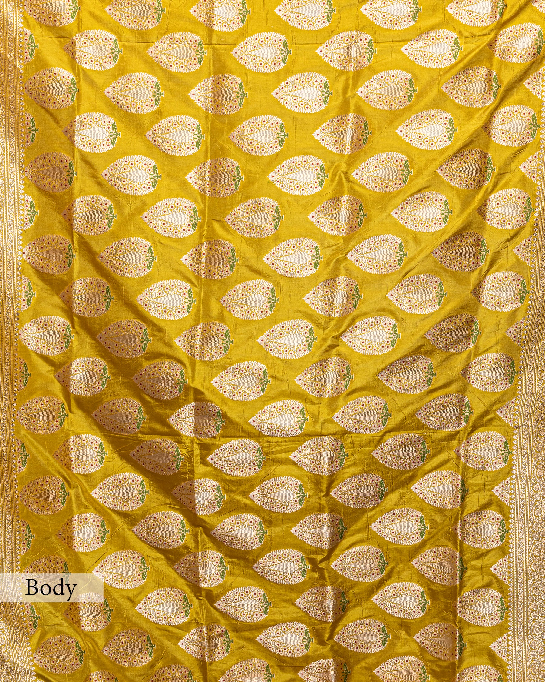 MUSTARD BANARASI SILK SAREE WITH TINCHOI MEENAKARI WORK