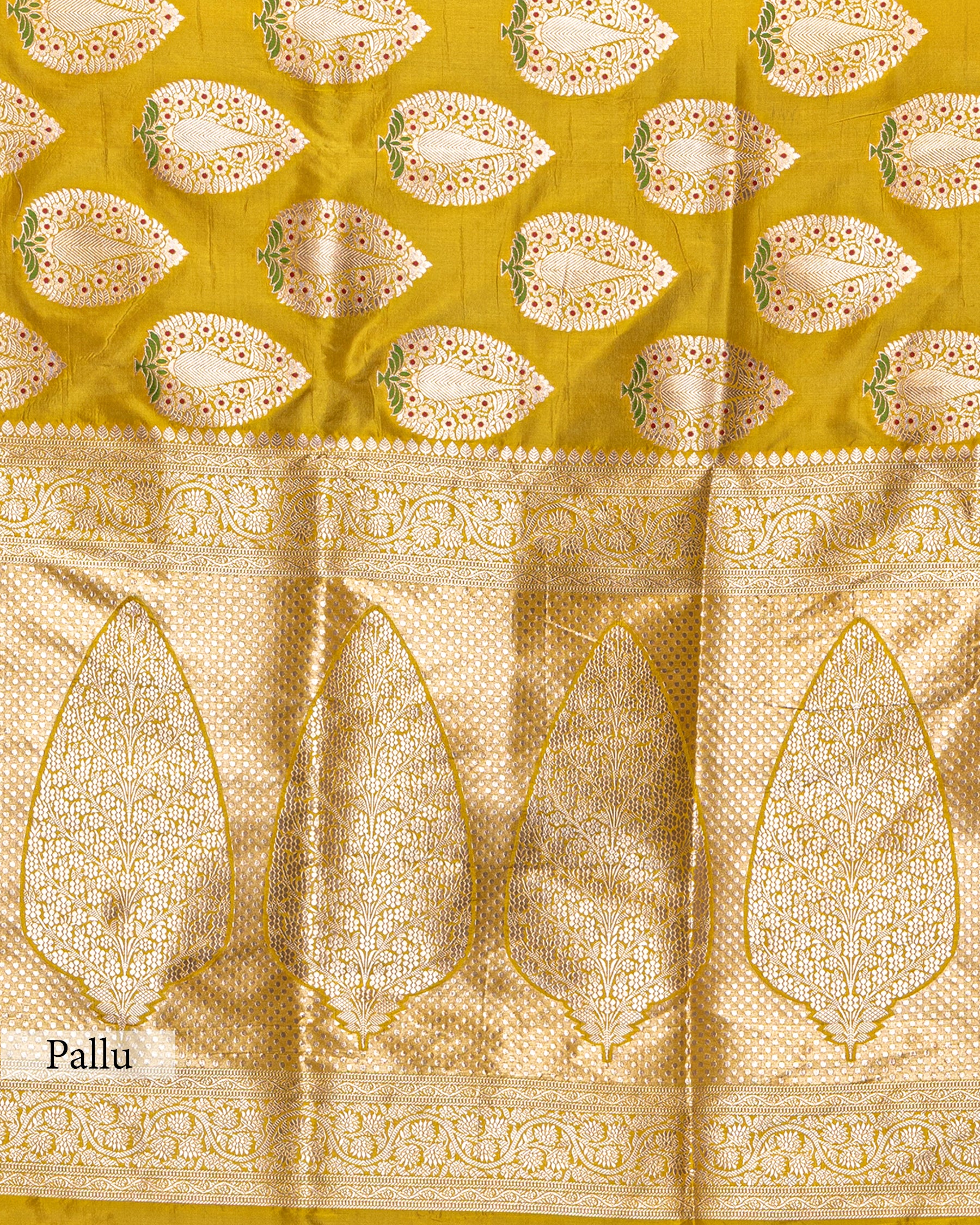 MUSTARD BANARASI SILK SAREE WITH TINCHOI MEENAKARI WORK