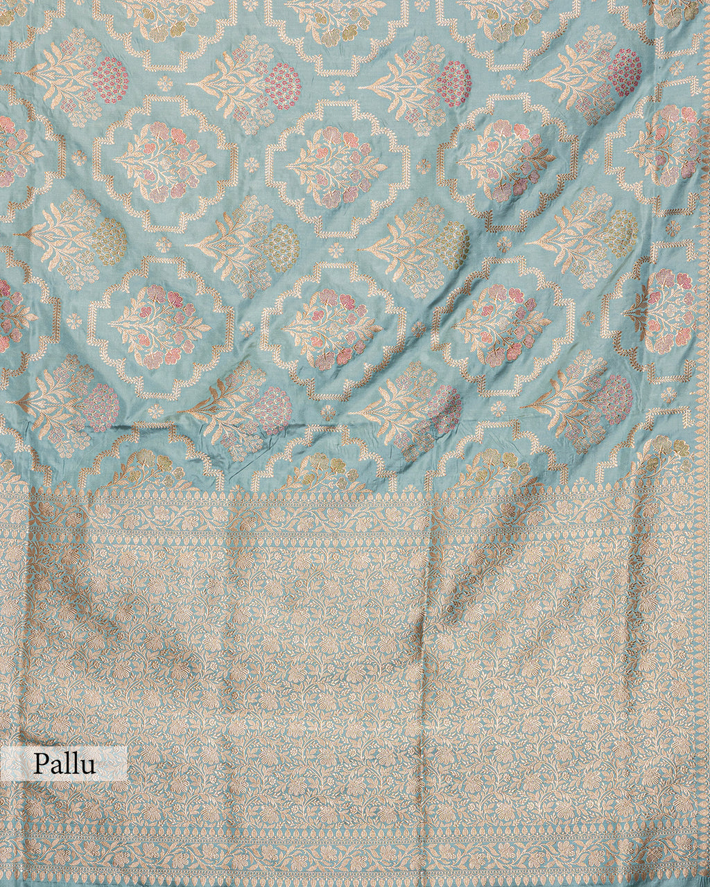 POWDER BLUE BANARASI SILK SAREE WITH TINCHOI MEENAKARI WORK