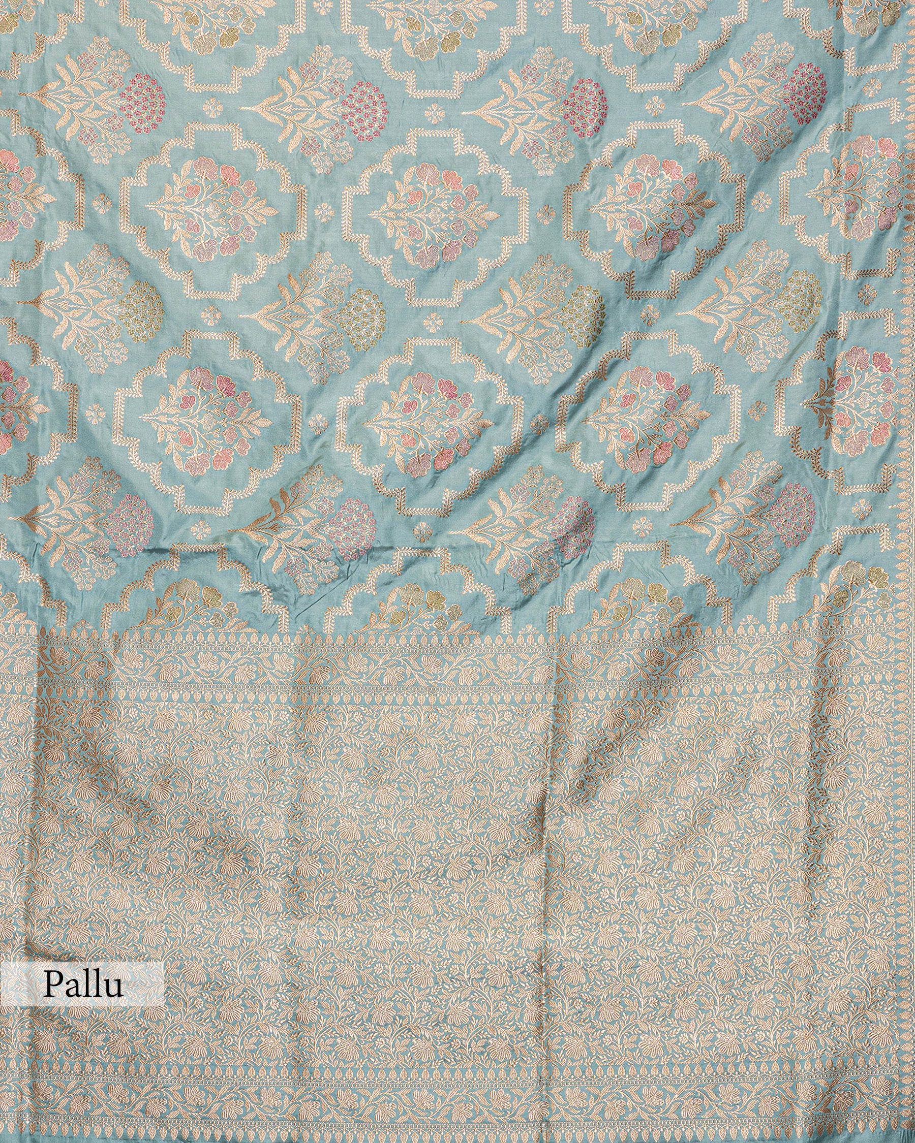 POWDER BLUE BANARASI SILK SAREE WITH TINCHOI MEENAKARI WORK