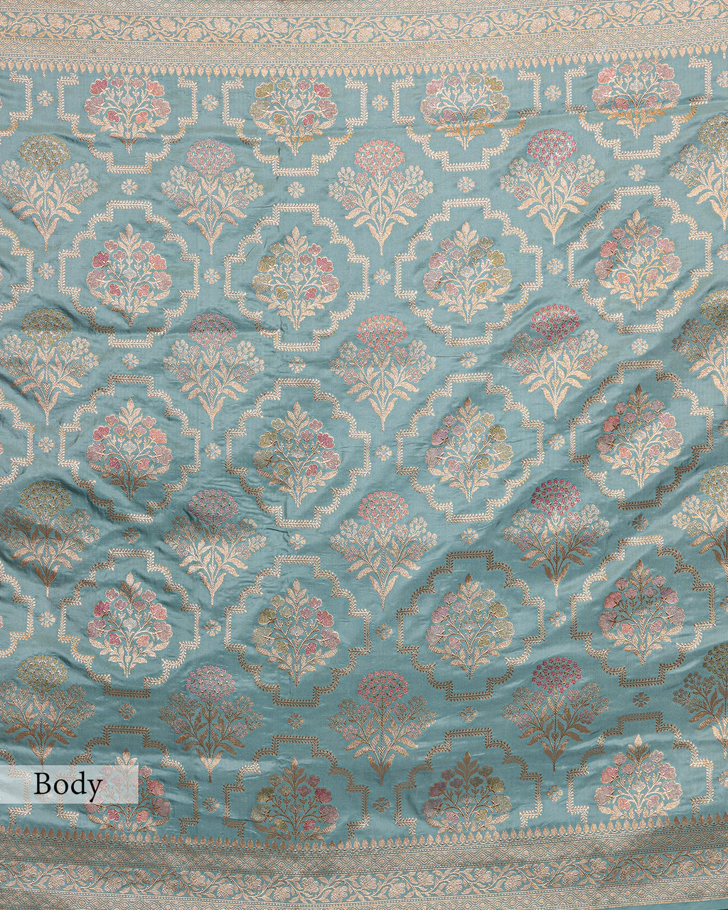 POWDER BLUE BANARASI SILK SAREE WITH TINCHOI MEENAKARI WORK