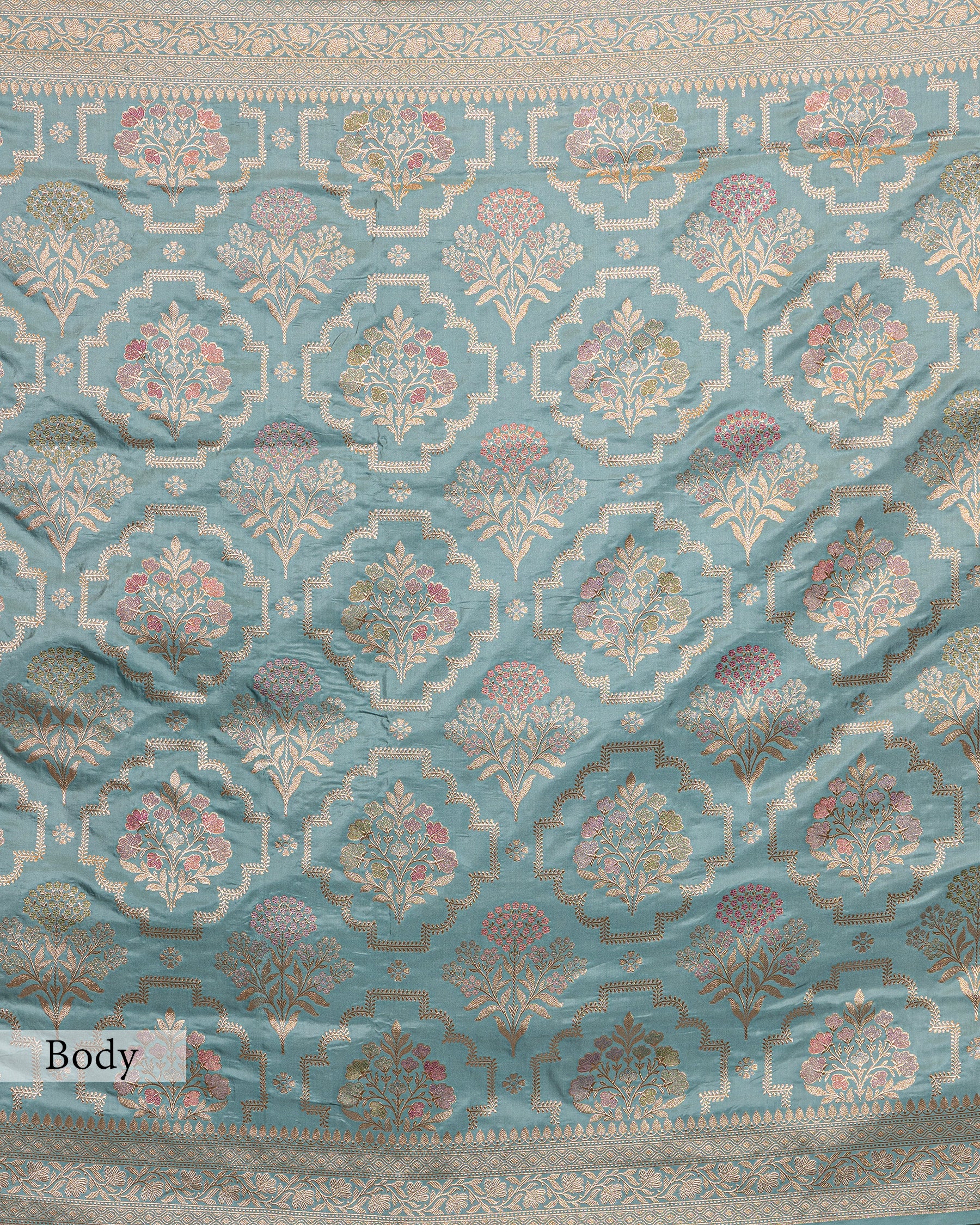 POWDER BLUE BANARASI SILK SAREE WITH TINCHOI MEENAKARI WORK