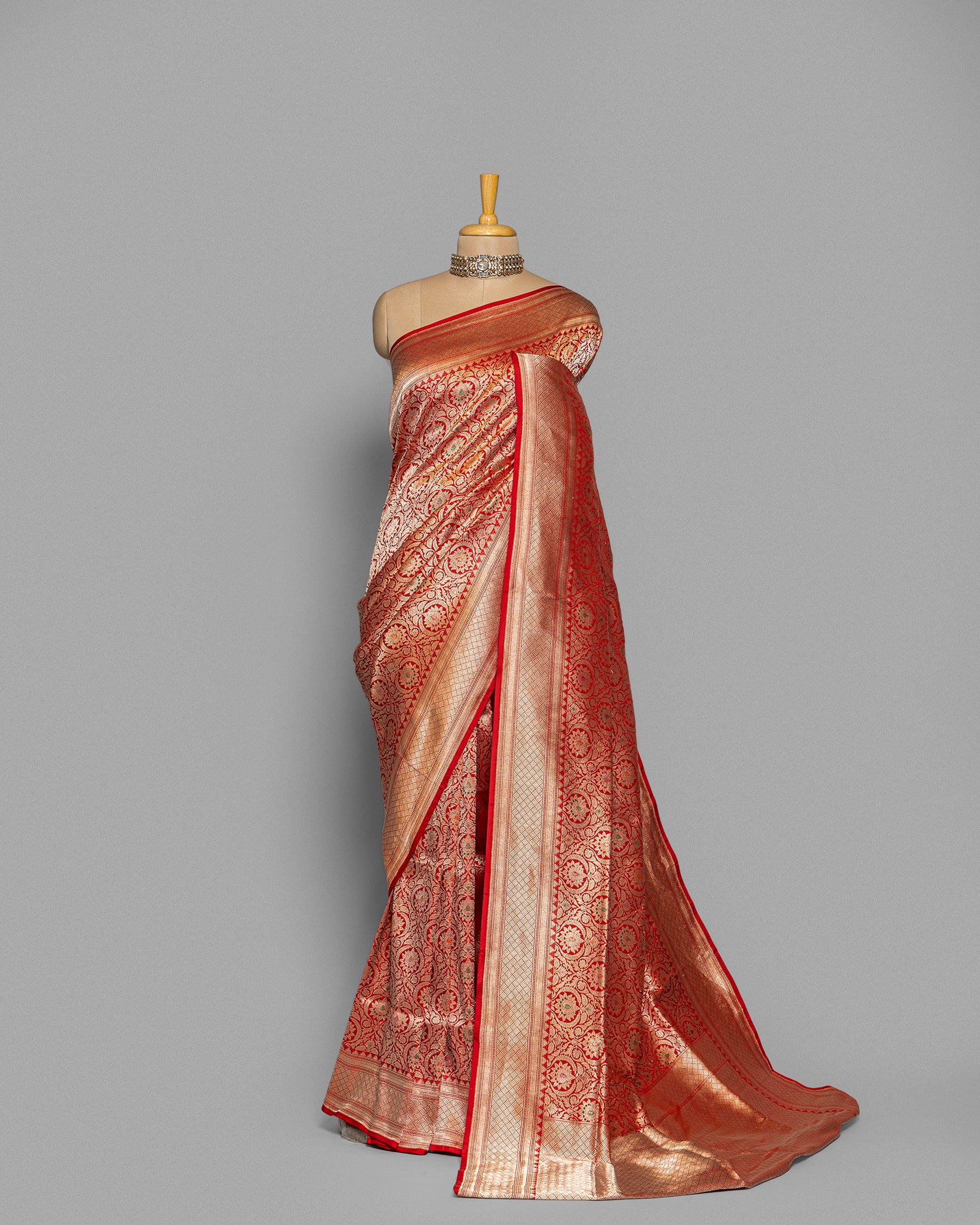 VERMILLION BANARASI SILK SAREE WITH TINCHOI MEENAKARI WORK