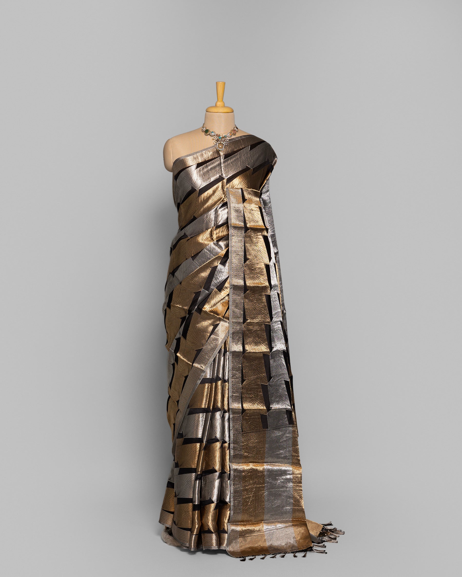 BLACK GOLD WITH SILVER ZARI SOFT TISSUE SAREE