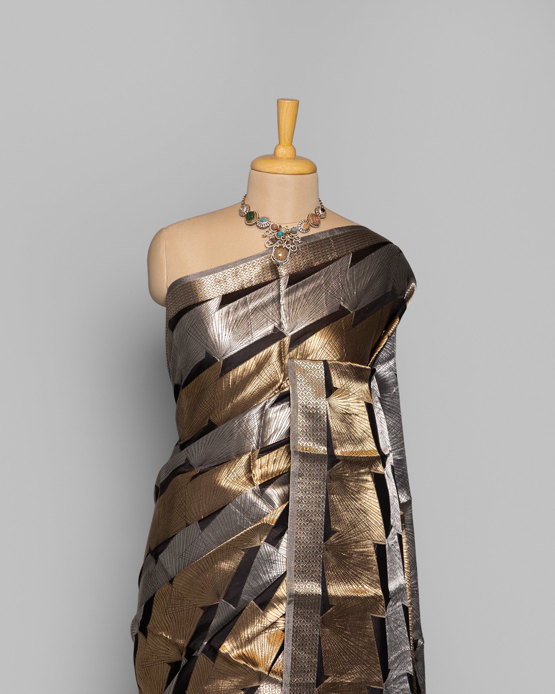 BLACK GOLD WITH SILVER ZARI SOFT TISSUE SAREE