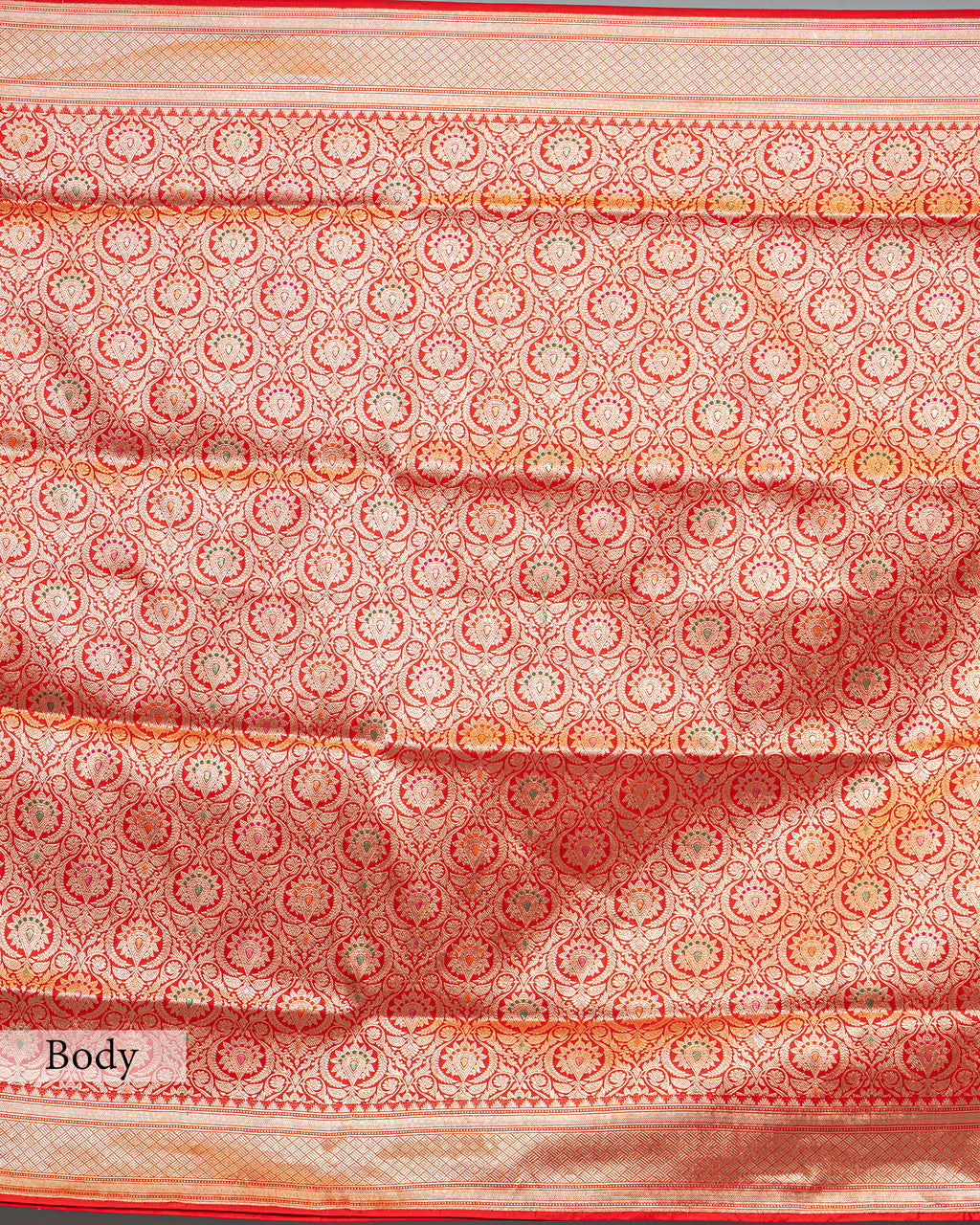 VERMILLION BANARASI SILK SAREE WITH TINCHOI MEENAKARI WORK