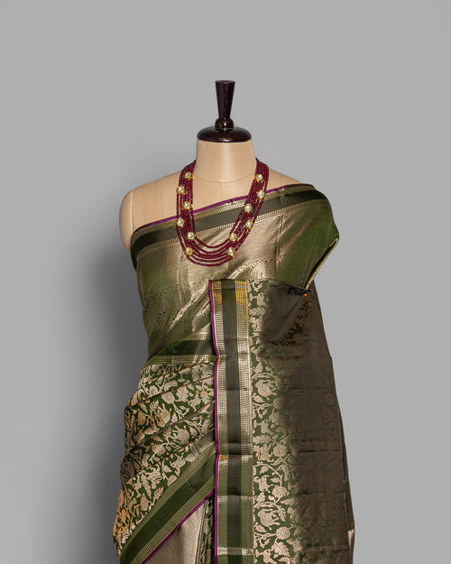 OLIVE SHIKARGAH WOVEN KANJEEVARAM SILK SAREE