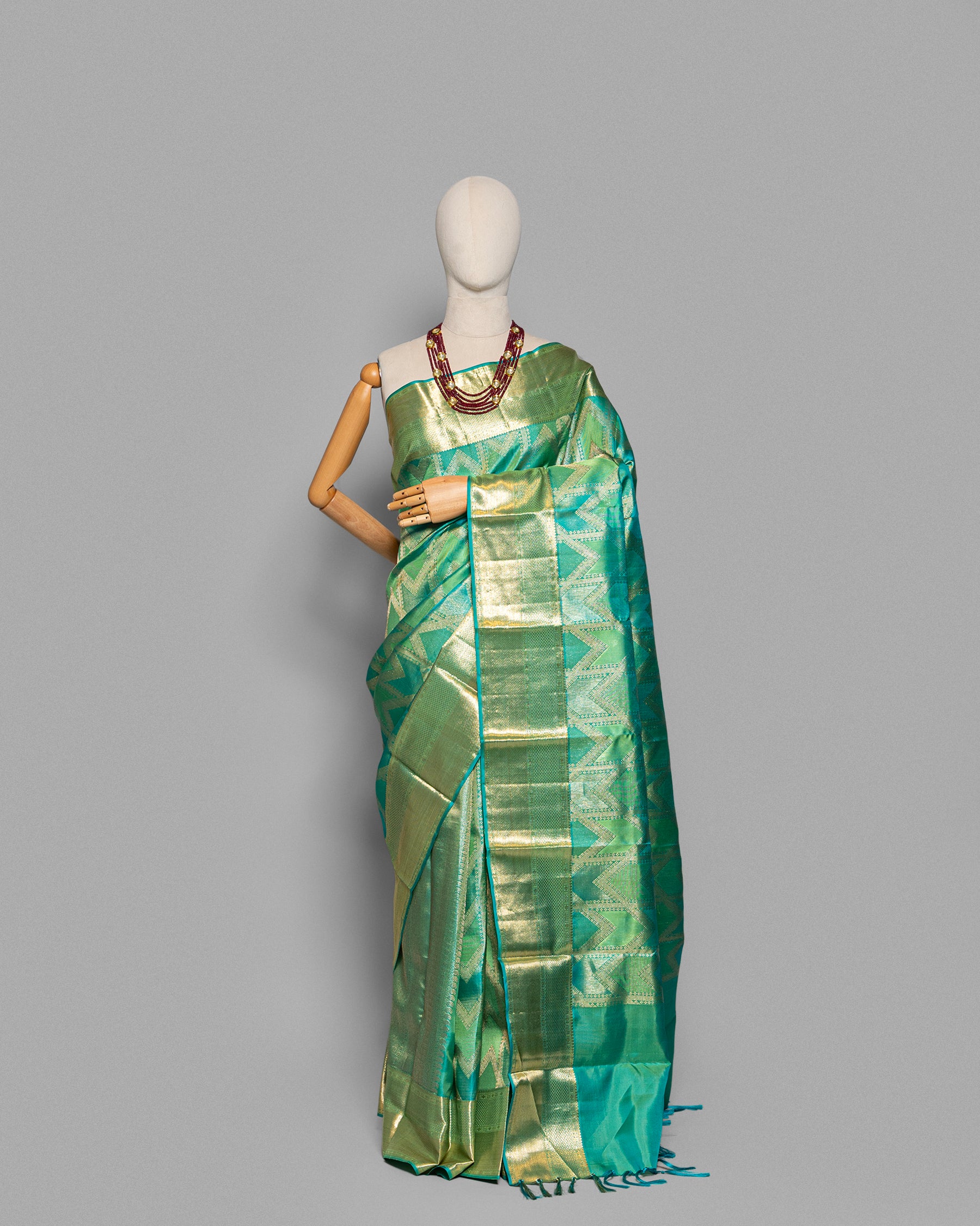 AQUA KANJEEVARAM SILK SAREE WITH LAGDI-PATTA CHATAI BORDER