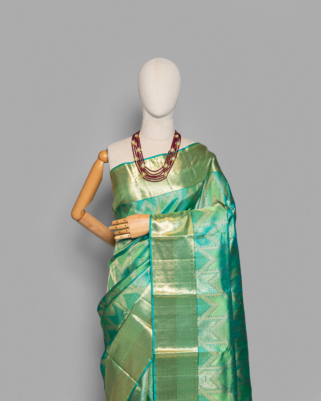 AQUA KANJEEVARAM SILK SAREE WITH LAGDI-PATTA CHATAI BORDER