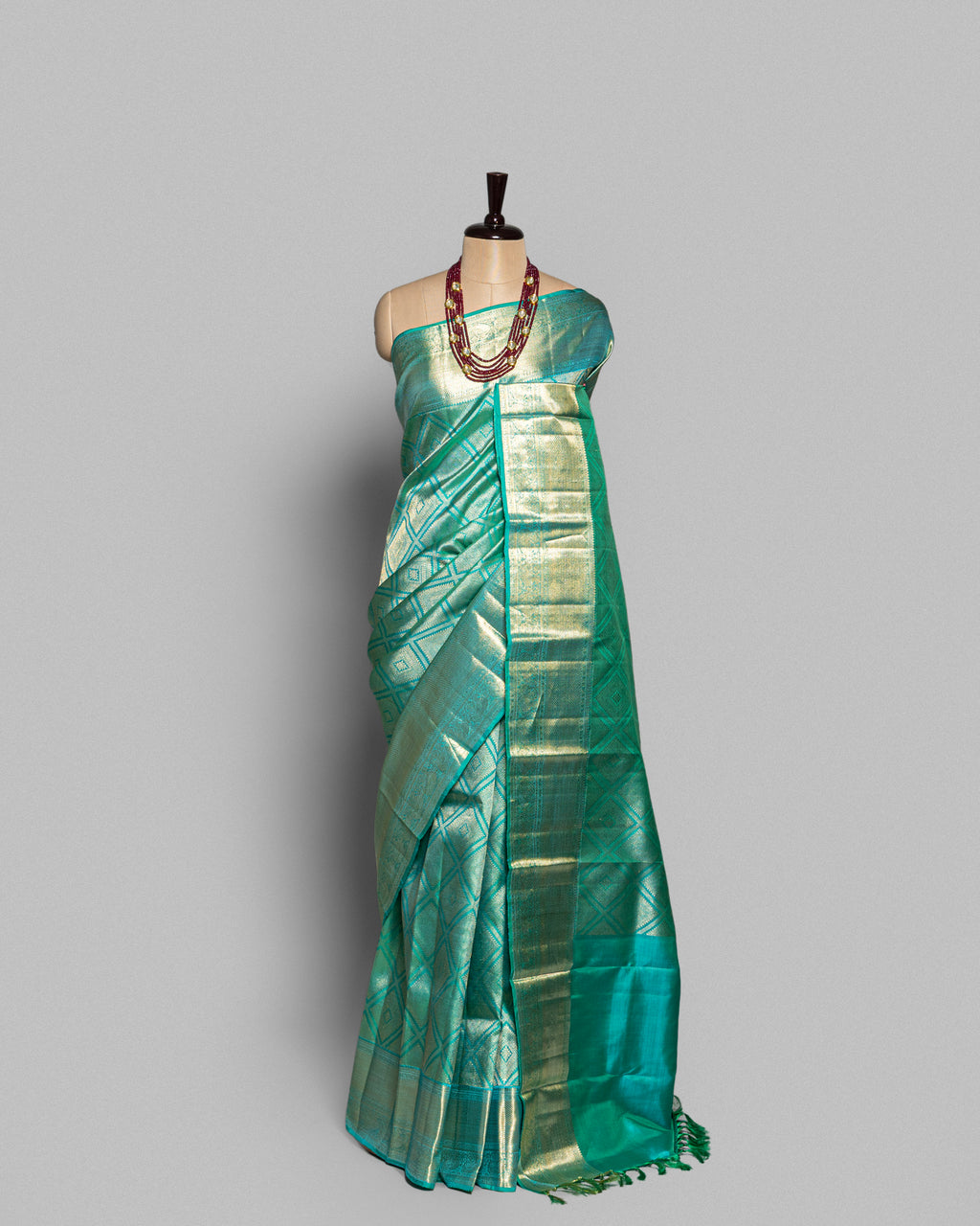 CYAN BLUE KANJEEVARAM SILK SAREE WITH DOUBLE BORDER