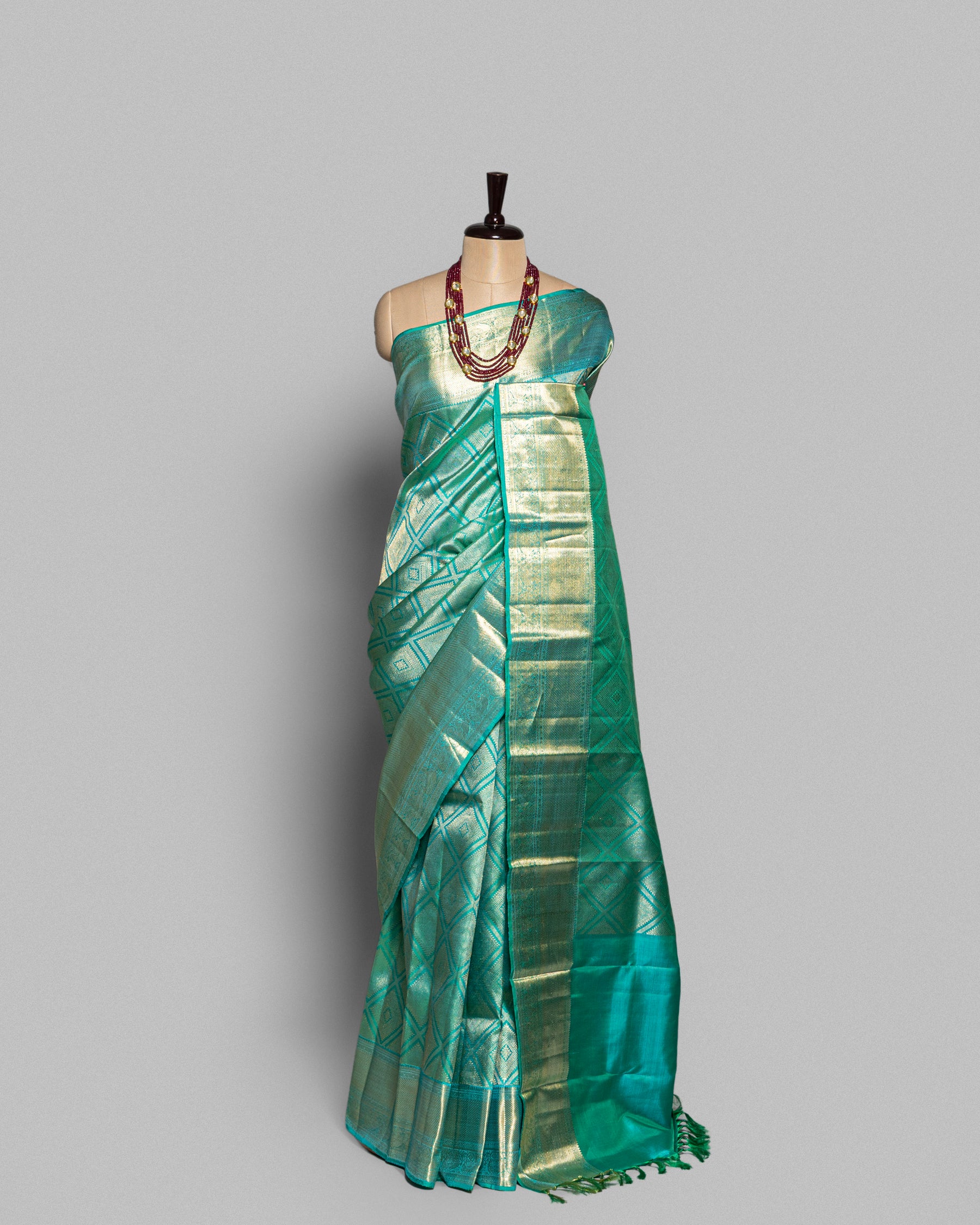 CYAN BLUE KANJEEVARAM SILK SAREE WITH DOUBLE BORDER
