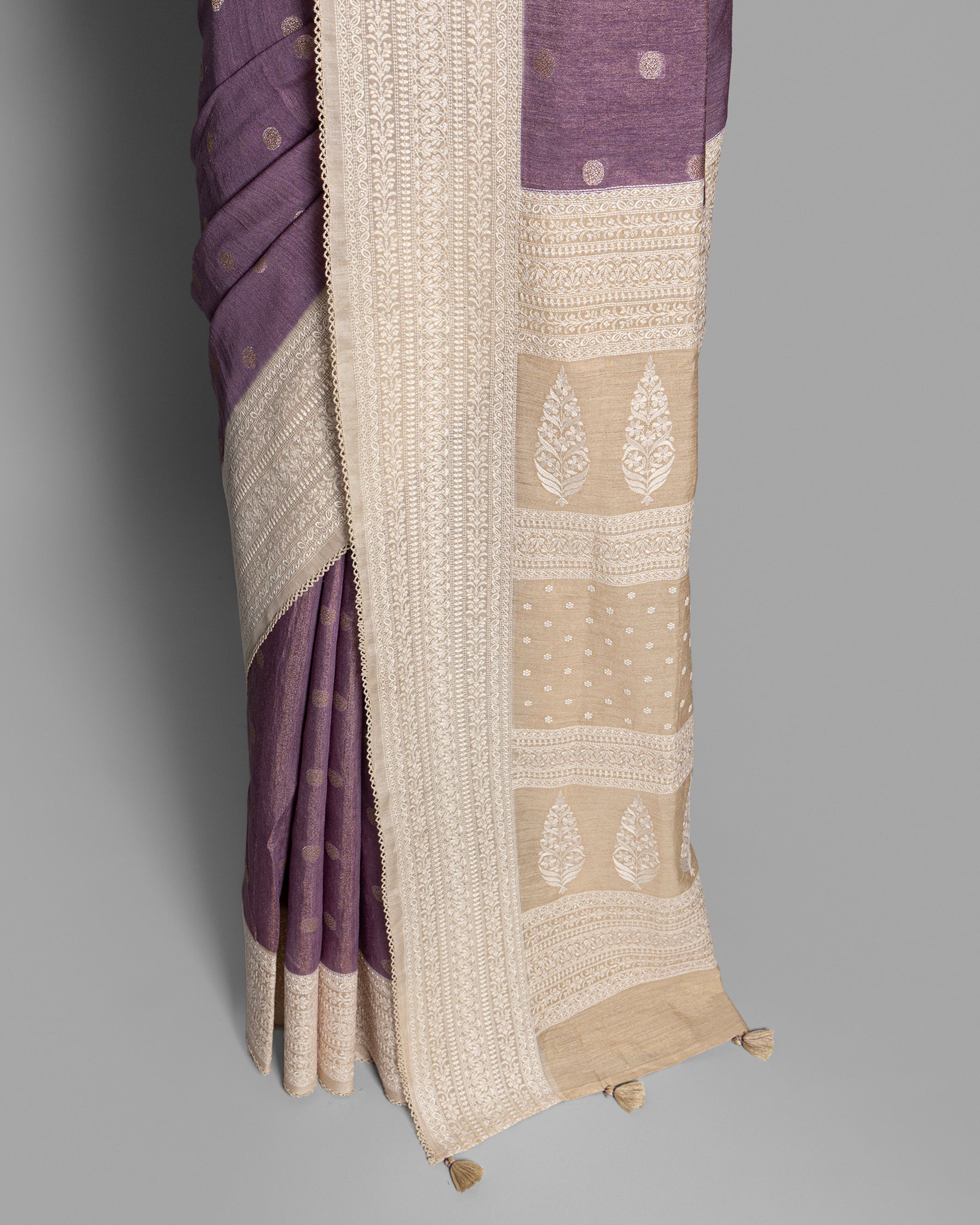 DUSTY MAUVE RESHAM THREAD WORK TUSSAR SILK SAREE