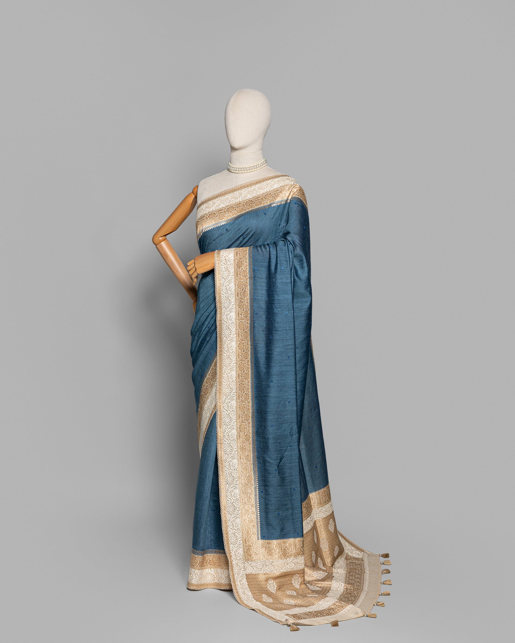 MIST BLUE HANDLOOM TUSSAR SILK SAREE