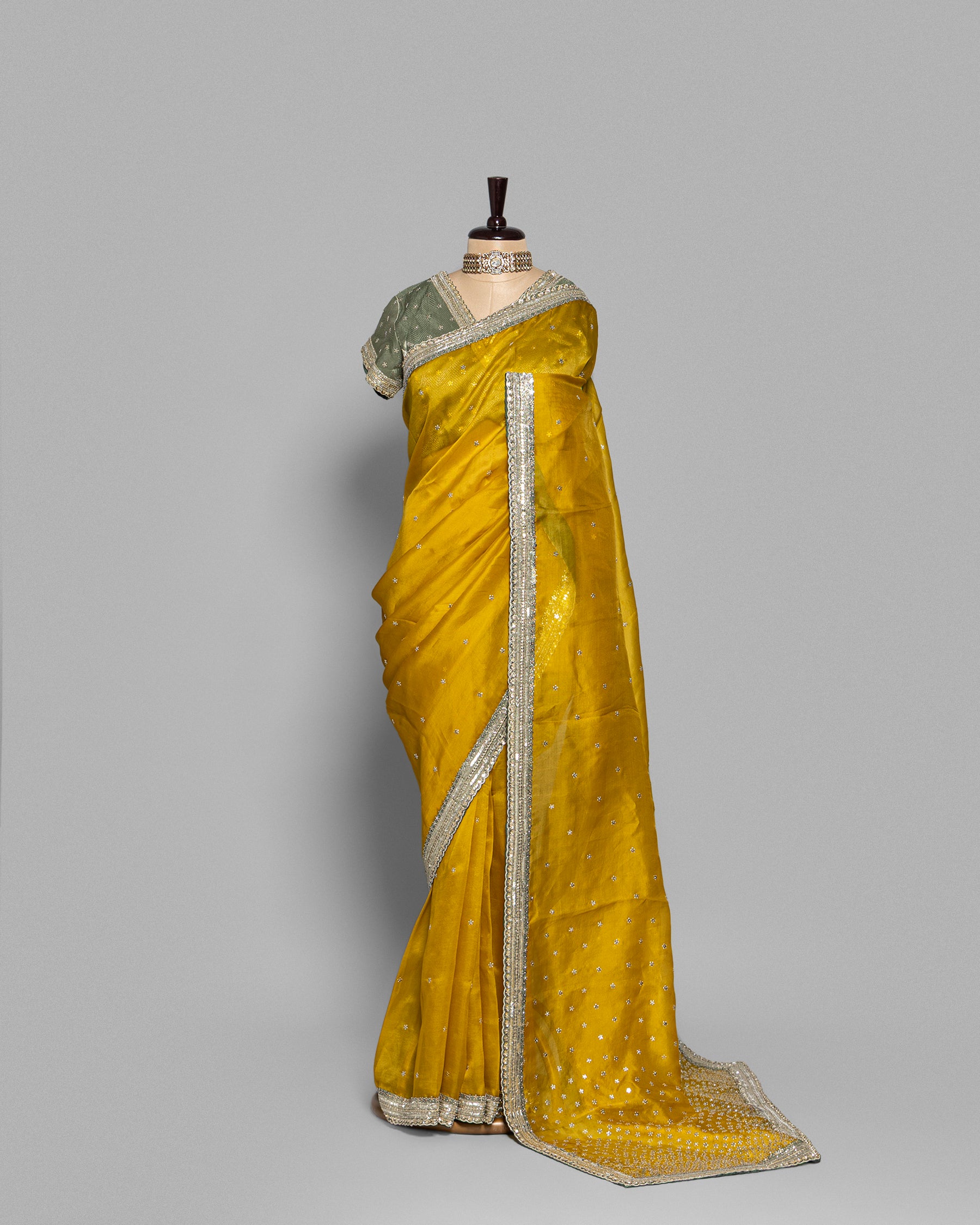 MUSTARD DESIGNER ORGANZA SAREE WITH HAND EMBELLISHMENTS