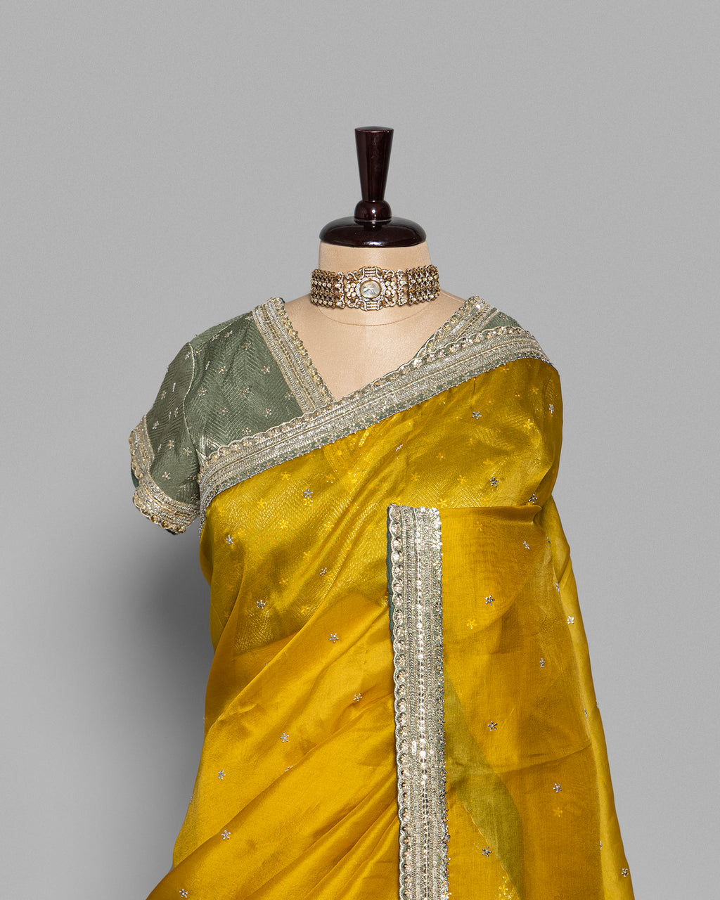 MUSTARD DESIGNER ORGANZA SAREE WITH HAND EMBELLISHMENTS