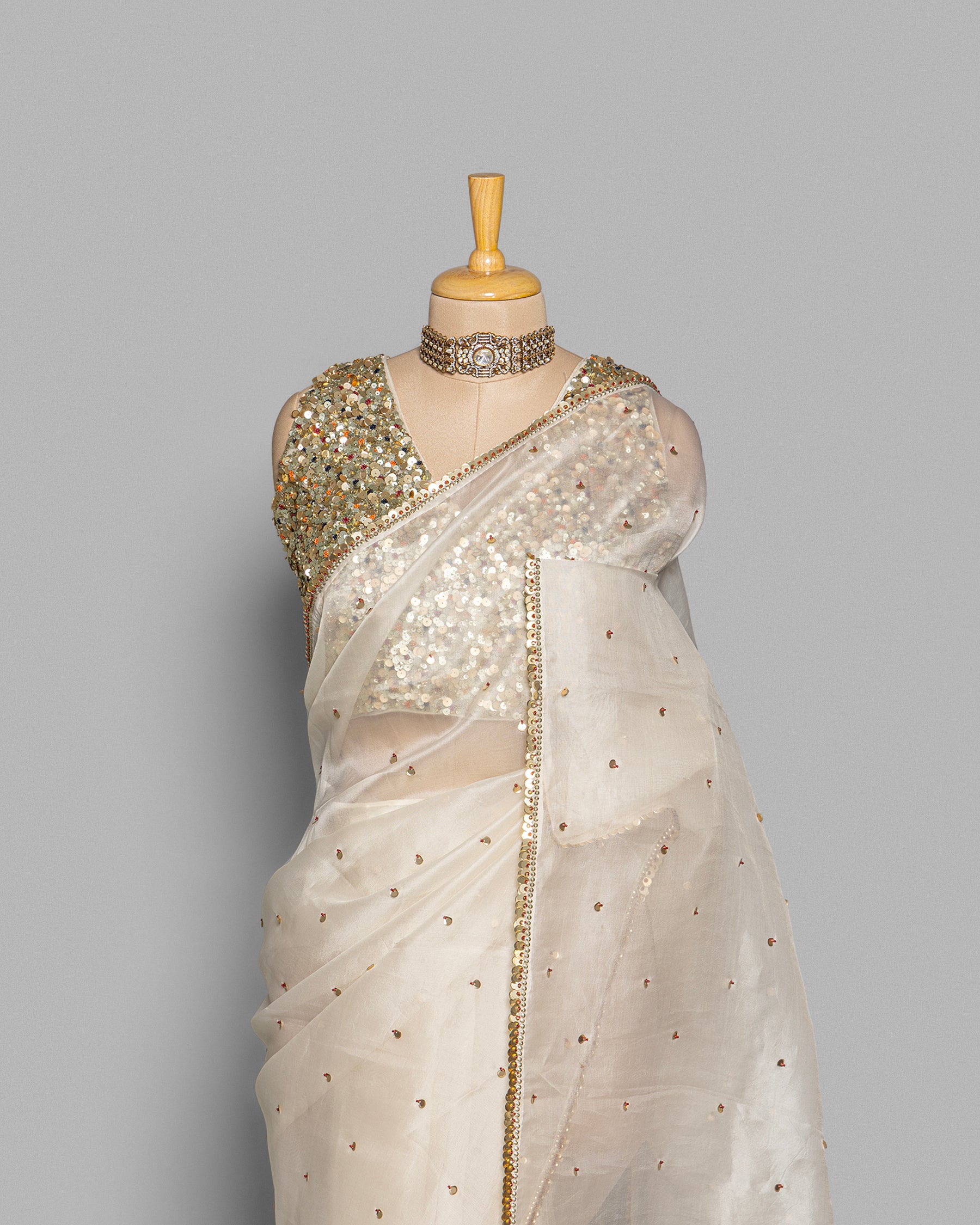 IVORY DESIGNER ORGANZA SAREE WITH SEQUIN & PEARL WORK