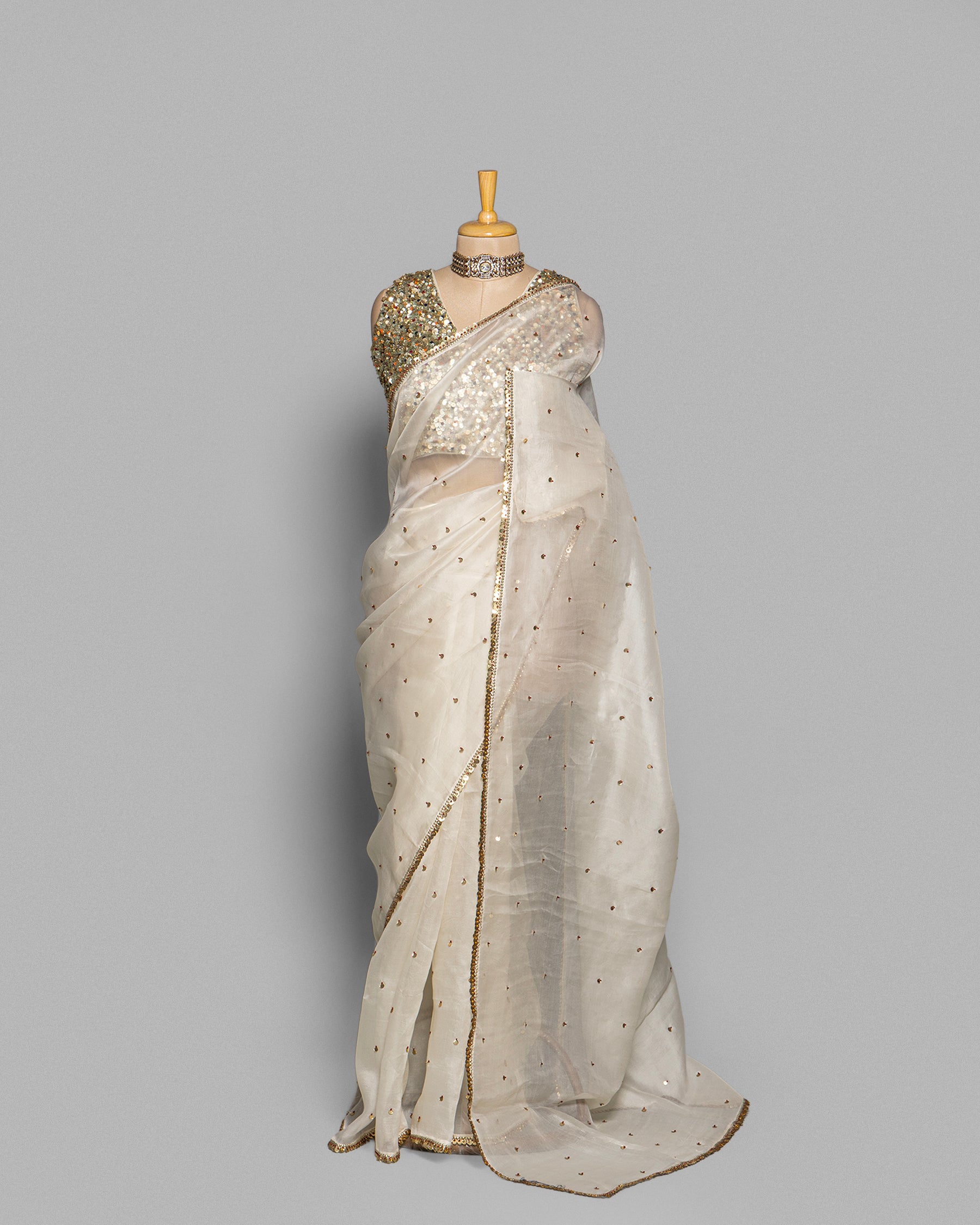 IVORY DESIGNER ORGANZA SAREE WITH SEQUIN & PEARL WORK