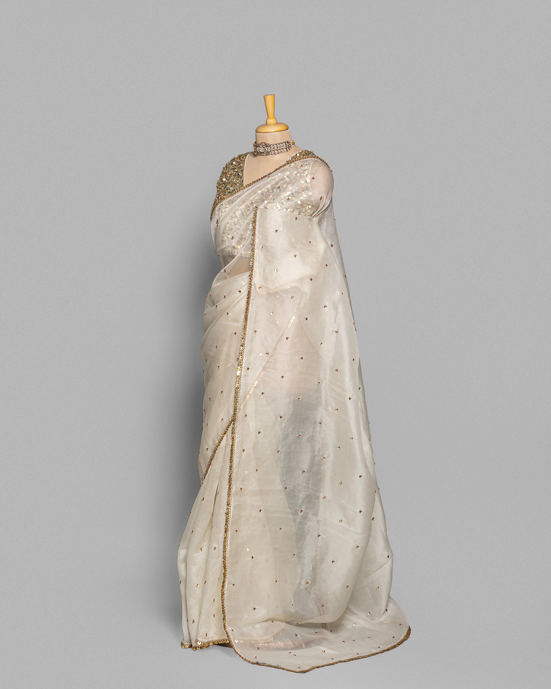 IVORY DESIGNER ORGANZA SAREE WITH SEQUIN & PEARL WORK