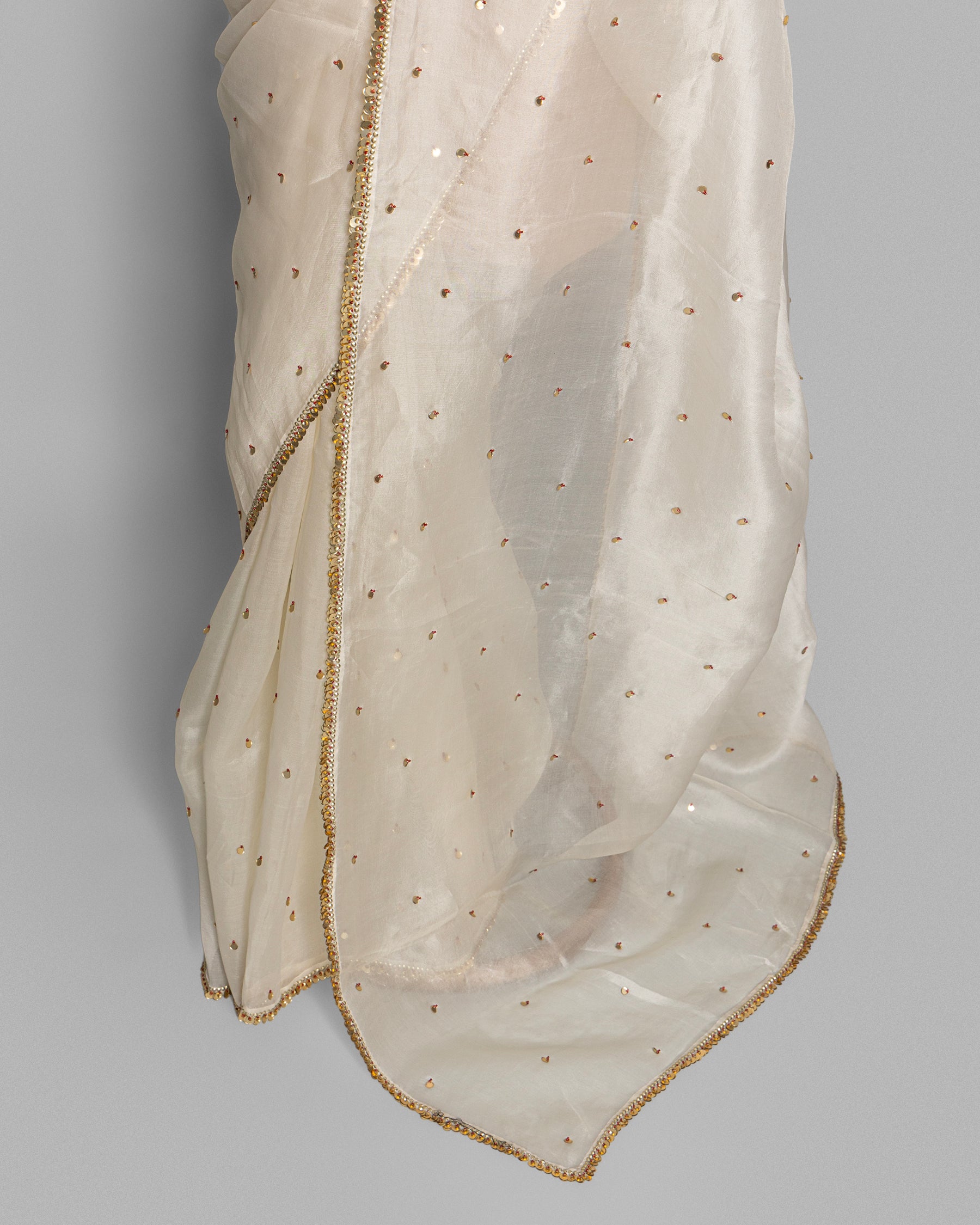 IVORY DESIGNER ORGANZA SAREE WITH SEQUIN & PEARL WORK