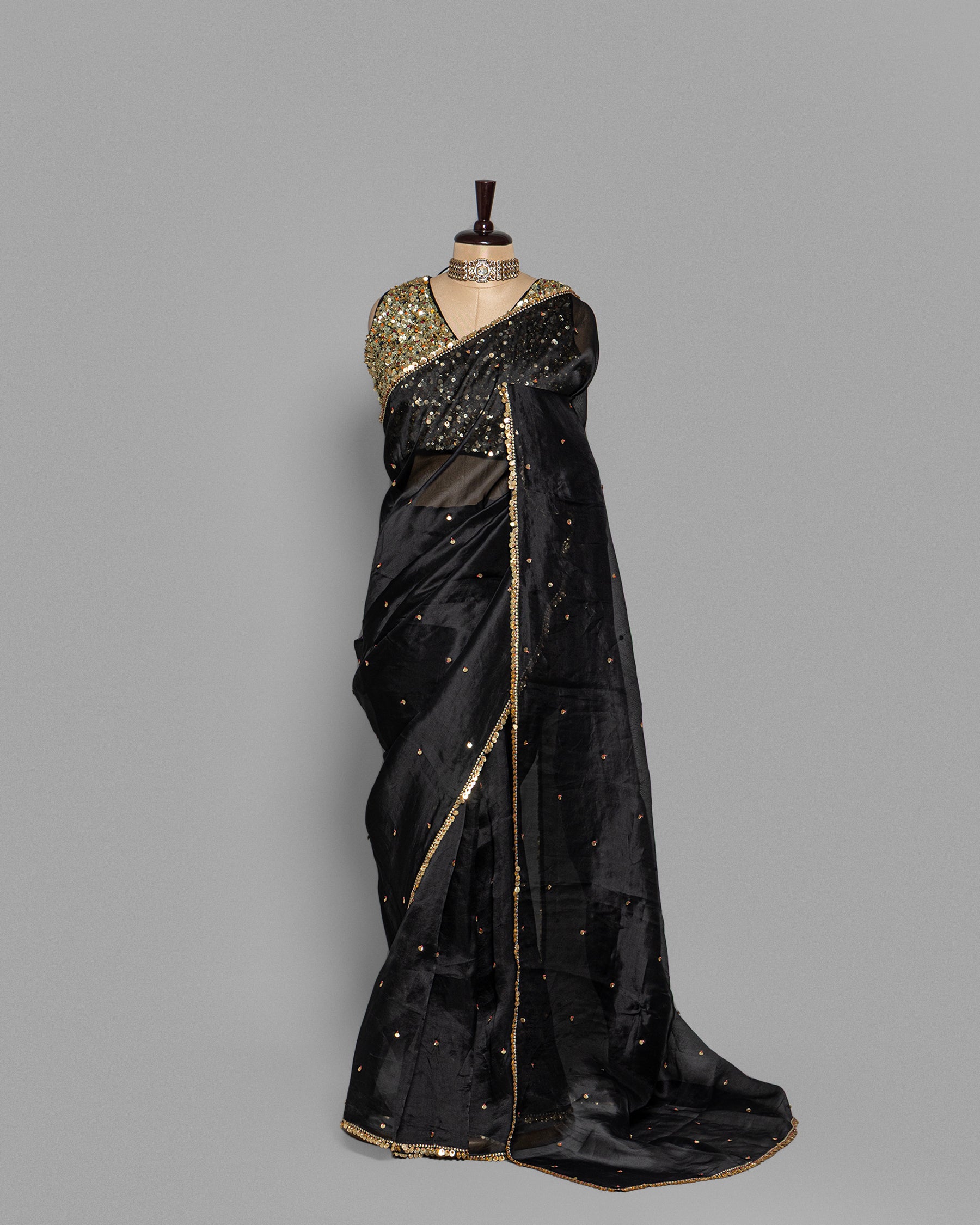 EBONY DESIGNER ORGANZA SAREE WITH SEQUIN & PEARL WORK
