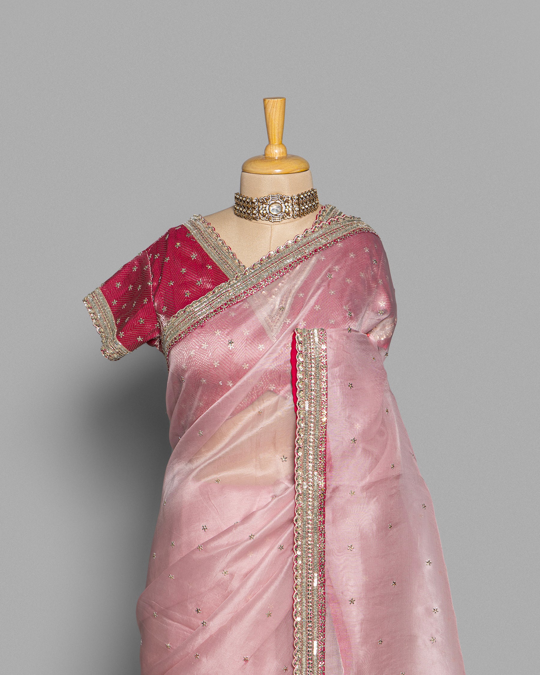 LIGHT ROSE DESIGNER ORGANZA SAREE WITH HAND EMBELLISHMENTS