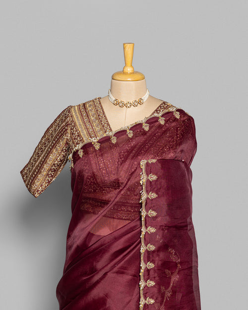 WINE ORGANZA SAREE WITH BANARASI WOVEN BLOUSE