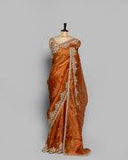BURNT ORANGE DESIGNER ORGANZA SAREE WITH EMBROIDERED BORDER