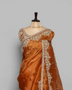 BURNT ORANGE DESIGNER ORGANZA SAREE WITH EMBROIDERED BORDER