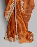 BURNT ORANGE DESIGNER ORGANZA SAREE WITH EMBROIDERED BORDER