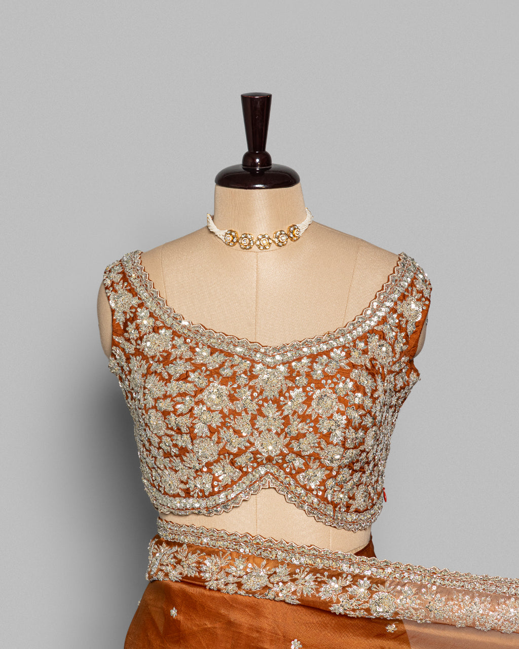 BURNT ORANGE DESIGNER ORGANZA SAREE WITH EMBROIDERED BORDER