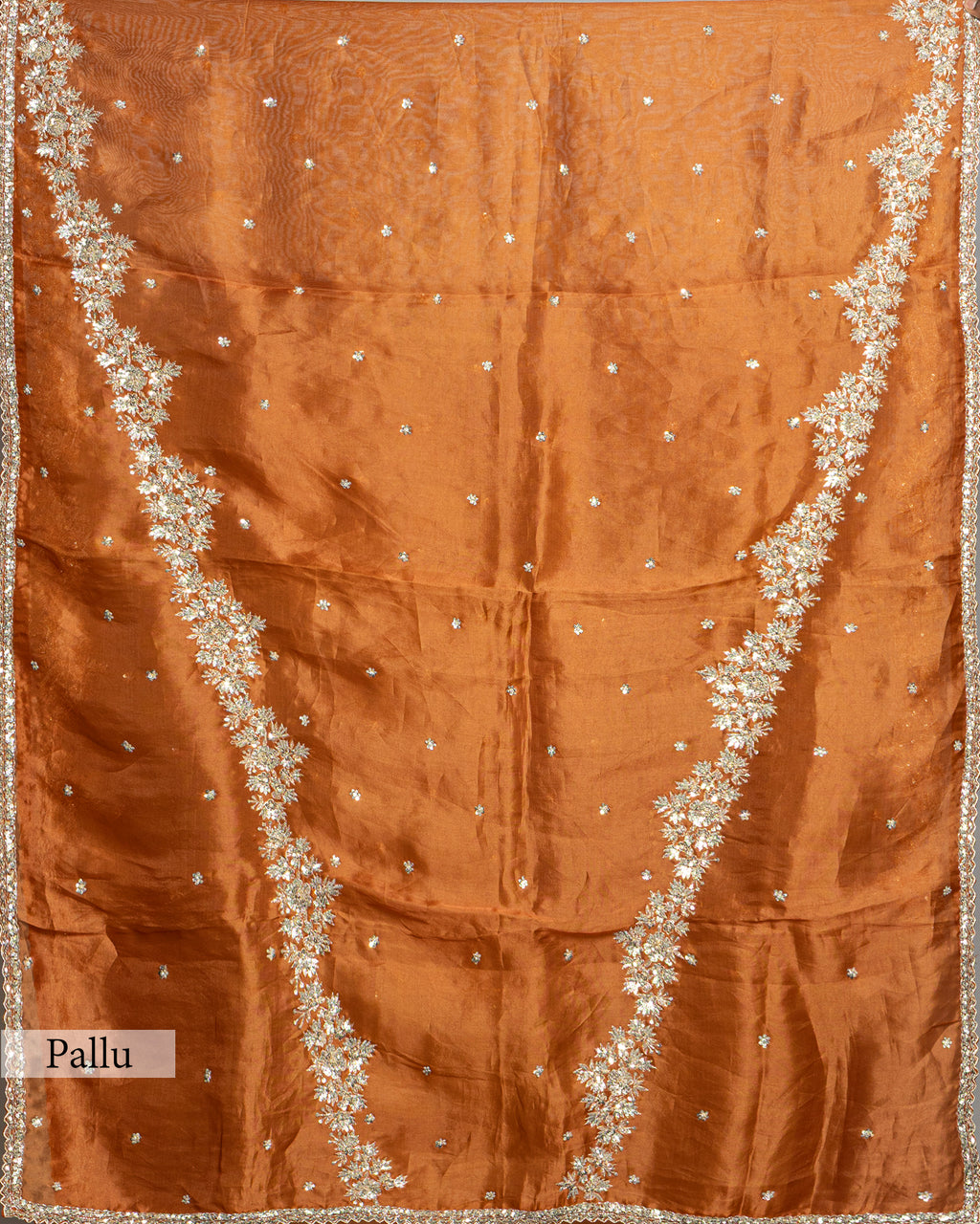BURNT ORANGE DESIGNER ORGANZA SAREE WITH EMBROIDERED BORDER