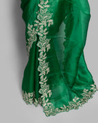 EMERALD GREEN ORGANZA SAREE WITH LEAF EMBROIDERED BORDER