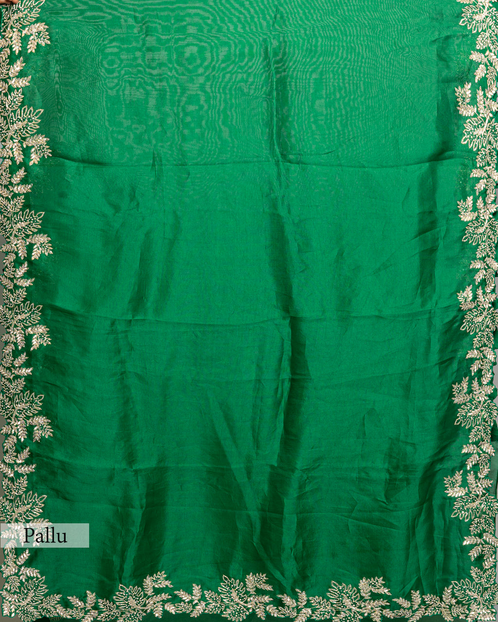 EMERALD GREEN ORGANZA SAREE WITH LEAF EMBROIDERED BORDER