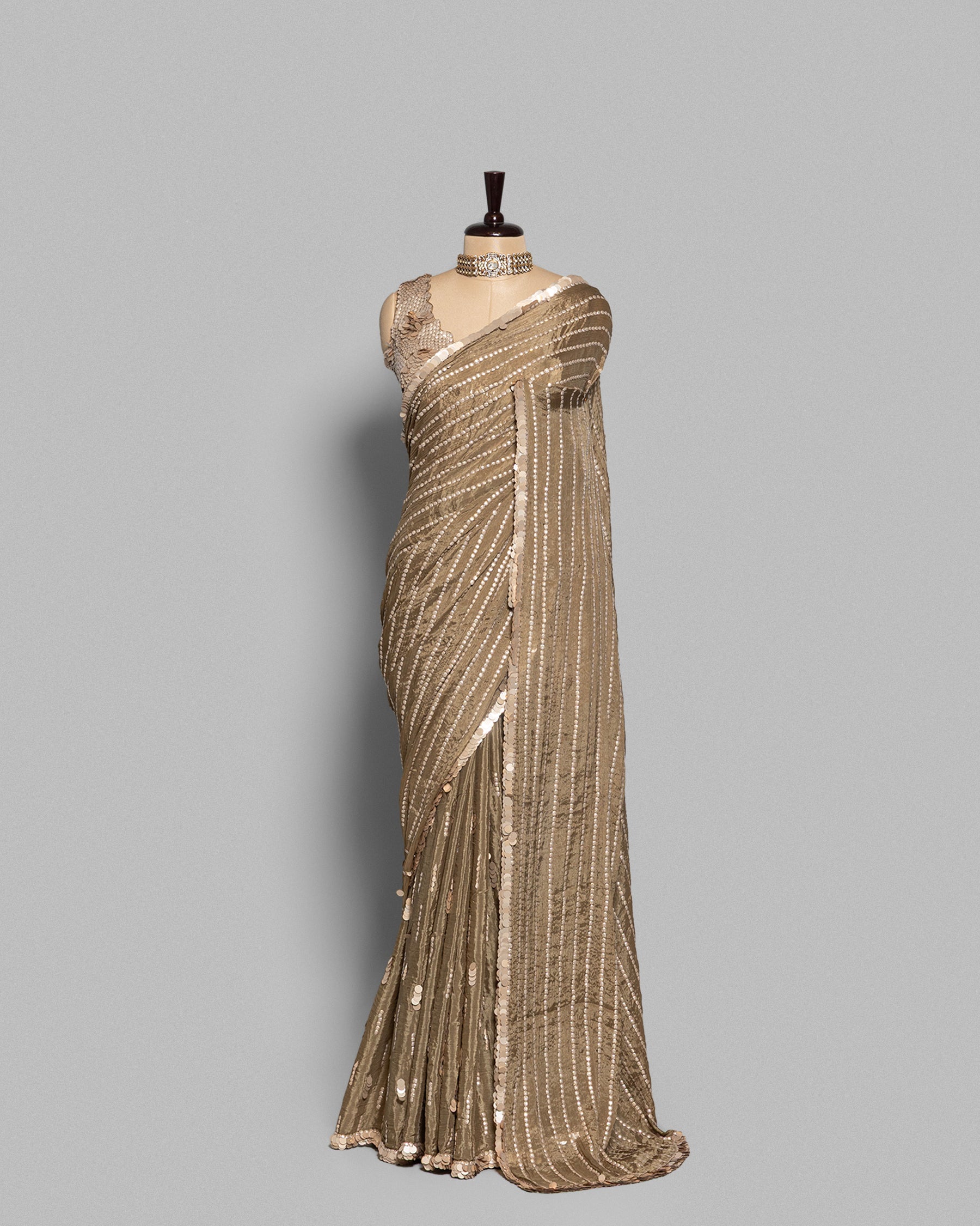 COFFEE HEAVILY SEQUINED CRUSHED CHIFFON SAREE