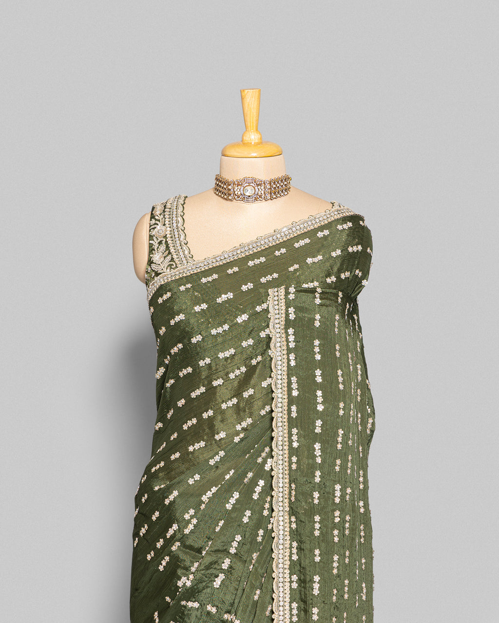 MEHENDI GREEN EMBELLISHED CRUSHED CHIFFON SAREE