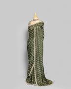 MEHENDI GREEN EMBELLISHED CRUSHED CHIFFON SAREE
